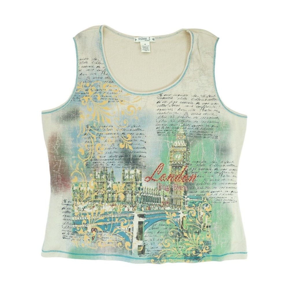 Suzee Tank Top Women’s Size 1X Tan London Big Ben‎ Print Casual